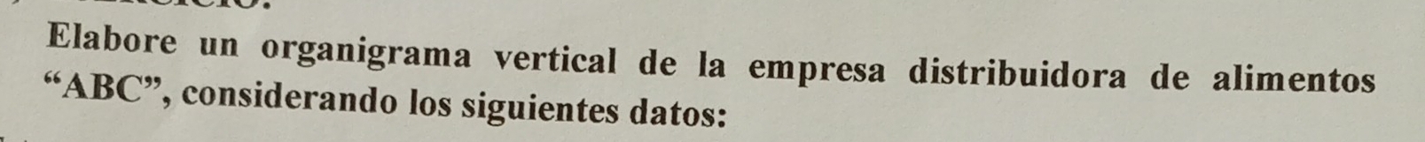 Elabore un organigrama vertical de la empresa distribuidora de alimentos 
“ ABC ”, considerando los siguientes datos: