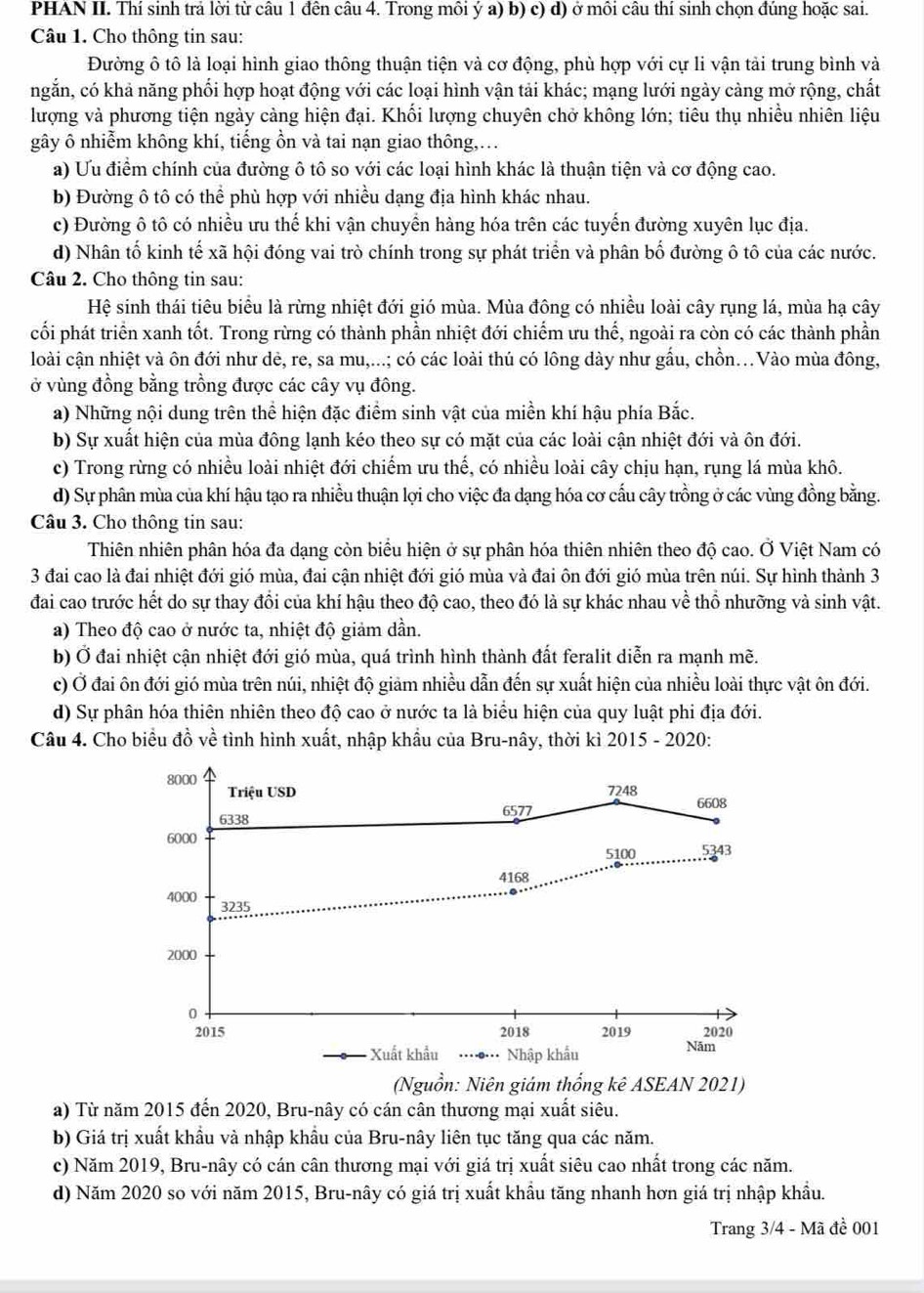 PHAN II. Thí sinh trả lời từ câu 1 đên câu 4. Trong môi ý a) b) c) d) ở môi câu thí sinh chọn đúng hoặc sai.
Câu 1. Cho thông tin sau:
Đường ô tô là loại hình giao thông thuận tiện và cơ động, phù hợp với cự li vận tải trung bình và
ngắn, có khả năng phối hợp hoạt động với các loại hình vận tải khác; mạng lưới ngày càng mở rộng, chất
lượng và phương tiện ngày cảng hiện đại. Khối lượng chuyên chở không lớn; tiêu thụ nhiều nhiên liệu
gây ô nhiễm không khí, tiếng ồn và tai nạn giao thông,..
a) Ưu điểm chính của đường ô tô so với các loại hình khác là thuận tiện và cơ động cao.
b) Đường ô tô có thể phù hợp với nhiều dạng địa hình khác nhau.
c) Đường ô tô có nhiều ưu thế khi vận chuyển hàng hóa trên các tuyến đường xuyên lục địa.
d) Nhân tố kinh tế xã hội đóng vai trò chính trong sự phát triển và phân bố đường ô tô của các nước.
Câu 2. Cho thông tin sau:
Hệ sinh thái tiêu biểu là rừng nhiệt đới gió mùa. Mùa đông có nhiều loài cây rụng lá, mùa hạ cây
cối phát triển xanh tốt. Trong rừng có thành phần nhiệt đới chiếm ưu thế, ngoài ra còn có các thành phần
loài cận nhiệt và ôn đới như dẻ, re, sa mu,...; có các loài thú có lông dày như gầu, chồn..Vào mùa đông,
ở vùng đồng bằng trồng được các cây vụ đông.
a) Những nội dung trên thể hiện đặc điểm sinh vật của miền khí hậu phía Bắc.
b) Sự xuất hiện của mùa đông lạnh kéo theo sự có mặt của các loài cận nhiệt đới và ôn đới.
c) Trong rừng có nhiều loài nhiệt đới chiếm ưu thế, có nhiều loài cây chịu hạn, rụng lá mùa khô.
d) Sự phân mùa của khí hậu tạo ra nhiều thuận lợi cho việc đa dạng hóa cơ cấu cây trồng ở các vùng đồng bằng.
Câu 3. Cho thông tin sau:
Thiên nhiên phân hóa đa dạng còn biểu hiện ở sự phân hóa thiên nhiên theo độ cao. Ở Việt Nam có
3 đai cao là đai nhiệt đới gió mùa, đai cận nhiệt đới gió mùa và đai ôn đới gió mùa trên núi. Sự hình thành 3
đai cao trước hết do sự thay đổi của khí hậu theo độ cao, theo đó là sự khác nhau về thổ nhưỡng và sinh vật.
a) Theo độ cao ở nước ta, nhiệt độ giảm dần.
b) Ở đai nhiệt cận nhiệt đới gió mùa, quá trình hình thành đất feralit diễn ra mạnh mề.
c) Ở đai ôn đới gió mùa trên núi, nhiệt độ giảm nhiều dẫn đến sự xuất hiện của nhiều loài thực vật ôn đới.
d) Sự phân hóa thiên nhiên theo độ cao ở nước ta là biểu hiện của quy luật phi địa đới.
Câu 4. Cho biểu đồ về tình hình xuất, nhập khẩu của Bru-nây, thời kì 2015 - 2020:
8000 Triệu USD 7248
6608
6338 6577
6000
5100 5343
4168
4000 3235
2000
0
2015 2018 2019 2020
- Xuất khẩu Nhập khẩu Năm
(Nguồn: Niên giám thống kê ASEAN 2021)
a) Từ năm 2015 đến 2020, Bru-nây có cán cân thương mại xuất siêu.
b) Giá trị xuất khẩu và nhập khẩu của Bru-nây liên tục tăng qua các năm.
c) Năm 2019, Bru-nây có cán cân thương mại với giá trị xuất siêu cao nhất trong các năm.
d) Năm 2020 so với năm 2015, Bru-nây có giá trị xuất khẩu tăng nhanh hơn giá trị nhập khẩu.
Trang 3/4 - Mã đề 001