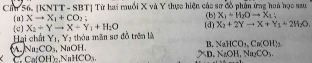 [KNTT - SBT] Từ hai muối X và Y thực hiện các sơ đồ phần ứng hoá học sau
(a) Xto X_1+CO_2; (b) X_1+H_2Oto X_2; 
(c) X_2+Yto X+Y_1+H_2O
(d) X_2+2Yto X+Y_2+2H_2O. 
Hai chất Y_1, Y_2 thỏa mãn sơ đồ trên là
B. NaHCO_3, Ca(OH)_2.
A. Na_2CO_3. NaOH.
C. Ca(OH)_2 _2, NaHCO_3.
D. NaOH, Na_2CO_3.