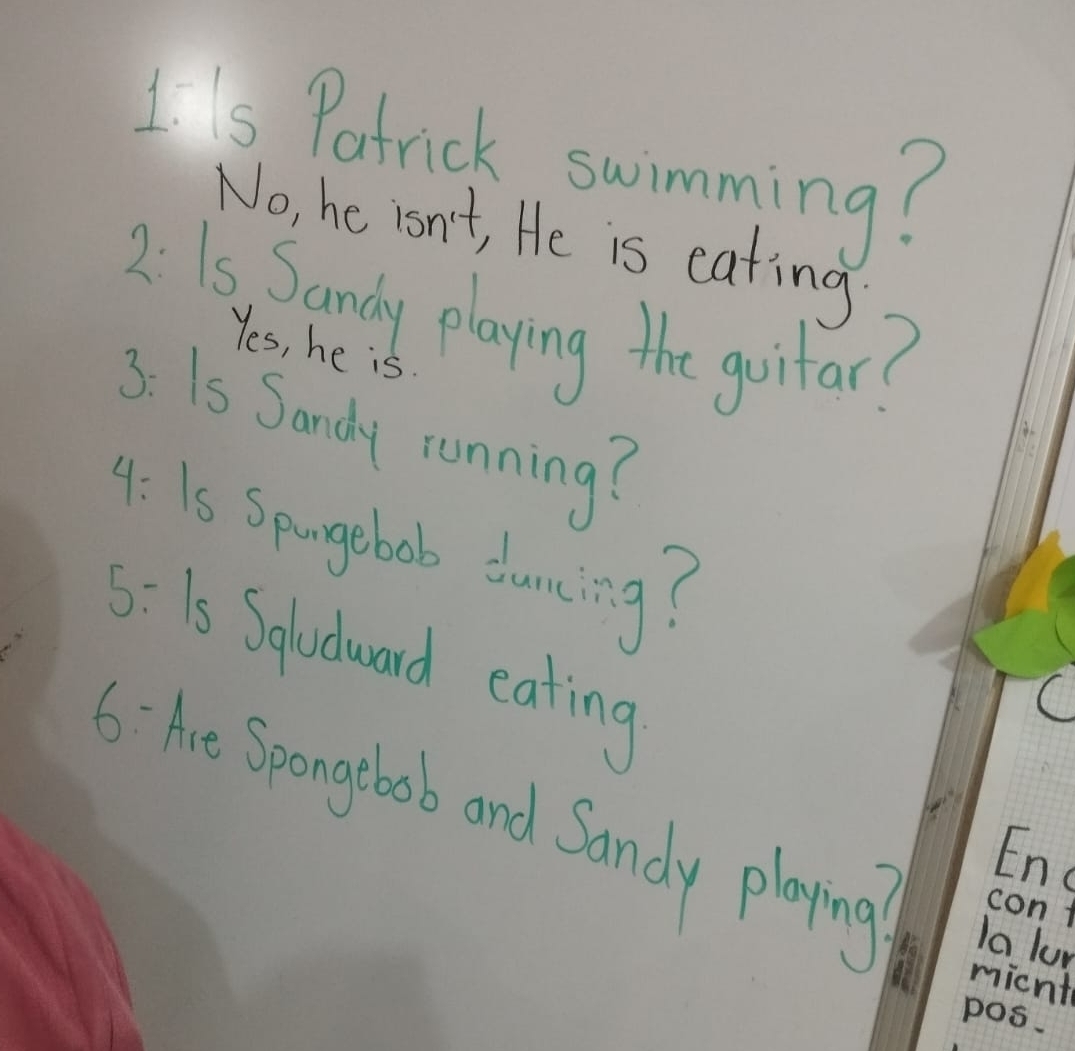 Is Patrick swimming? 
No, he isn't, He is eating 
2: 15 Sandy playing the guitar? 
Yes, he is 
3: Is Sandy running? 
4: Is Spangebob duning? 
5:1s Soludward eating 
6. te Sponagtboob and Sandy playing