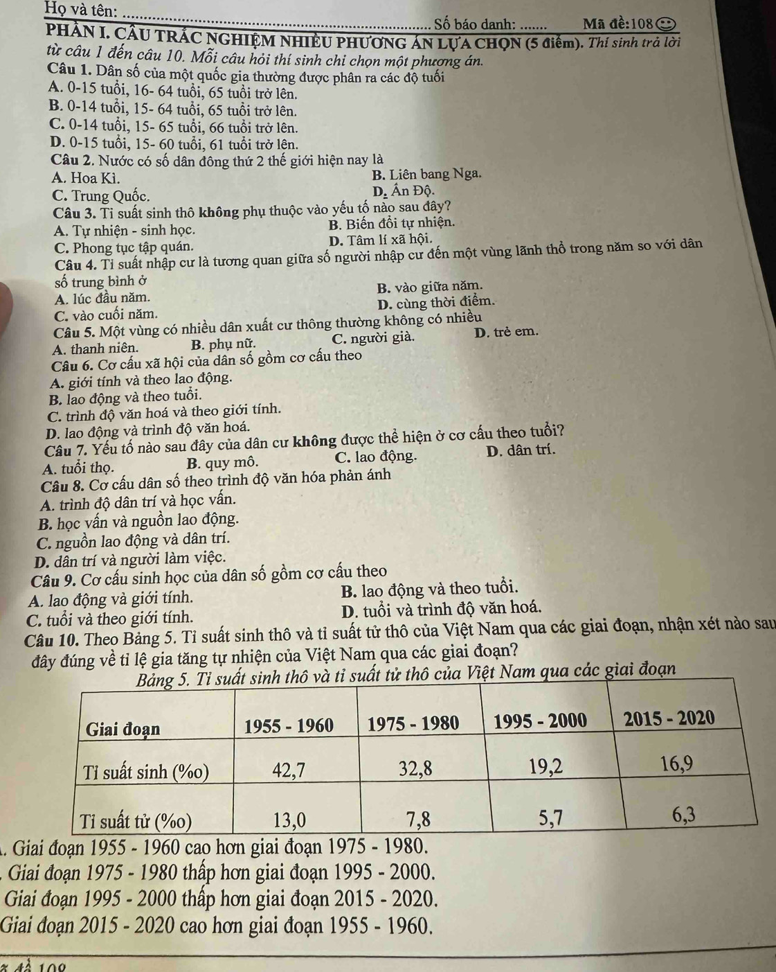 Họ và tên: ....... Mã đề:108ª
Số báo danh:
PHÀN I. CÂU TRÁC NGHIỆM NHIÊU PHƯƠNG ÁN LựA CHQN (5 điểm). Thí sinh trả lời
từ câu 1 đến câu 10. Mỗi câu hỏi thí sinh chi chọn một phương án.
Câu 1. Dân số của một quốc gia thường được phân ra các độ tuối
A. 0-15 tuổi, 16- 64 tuổi, 65 tuổi trở lên.
B. 0-14 tuổi, 15- 64 tuổi, 65 tuổi trở lên.
C. 0-14 tuổi, 15- 65 tuổi, 66 tuổi trở lên.
D. 0-15 tuổi, 15- 60 tuổi, 61 tuổi trở lên.
Câu 2. Nước có số dân đông thứ 2 thế giới hiện nay là
A. Hoa Kì. B. Liên bang Nga.
C. Trung Quốc. D Ấn Độ.
Câu 3. Ti suất sinh thô không phụ thuộc vào yếu tố nào sau đây?
A. Tự nhiện - sinh học. B. Biến đổi tự nhiện.
C. Phong tục tập quán. D. Tâm lí xã hội.
Câu 4. Tỉ suất nhập cư là tương quan giữa số người nhập cư đến một vùng lãnh thổ trong năm so với dân
số trung bình ở
A. lúc đầu năm. B. vào giữa năm.
C. vào cuối năm. D. cùng thời điểm.
Câu 5. Một vùng có nhiều dân xuất cư thông thường không có nhiều
A. thanh niên. B. phụ nữ. C. người già. D. trẻ em.
Câu 6. Cơ cấu xã hội của dân số gồm cơ cấu theo
A. giới tính và theo lao động.
B. lao động và theo tuổi.
C. trình độ văn hoá và theo giới tính.
D. lao động và trình độ văn hoá.
Câu 7. Yếu tố nào sau đây của dân cư không được thể hiện ở cơ cấu theo tuổi?
A. tuổi thọ. B. quy mô. C. lao động. D. dân trí.
Câu 8. Cơ cấu dân số theo trình độ văn hóa phản ánh
A. trình độ dân trí và học vấn.
B. học vấn và nguồn lao động.
C. nguồn lao động và dân trí.
D. dân trí và người làm việc.
Câu 9. Cơ cấu sinh học của dân số gồm cơ cấu theo
A. lao động và giới tính. B. lao động và theo tuổi.
C. tuổi và theo giới tính. D. tuổi và trình độ văn hoá.
Câu 10. Theo Bảng 5. Tỉ suất sinh thô và tỉ suất tử thô của Việt Nam qua các giai đoạn, nhận xét nào sau
đây đúng về tỉ lệ gia tăng tự nhiện của Việt Nam qua các giai đoạn?
ô của Việt Nam qua các giai đoạn
A. Giai đoạn 1955 - 1960 cao hơn giai đoạn 1975 - 1980.
Giai đoạn 1975 - 1980 thấp hơn giai đoạn 1995 - 2000.
Giai đoạn 1995 - 2000 thấp hơn giai đoạn 2015 - 2020.
Giai đoạn 2015 - 2020 cao hơn giai đoạn 1955 - 1960.