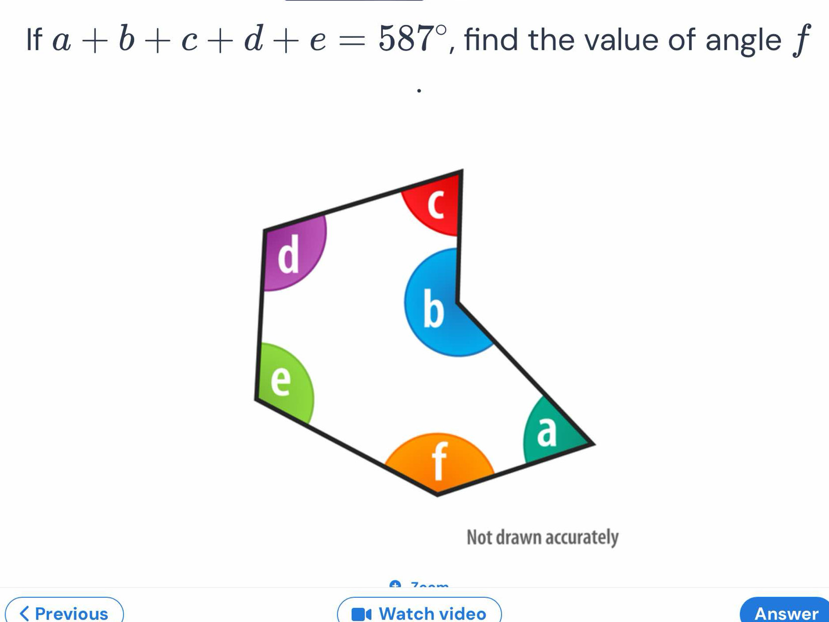 If a+b+c+d+e=587° , find the value of angle f
Not drawn accurately 
< Previous Watch video Answer