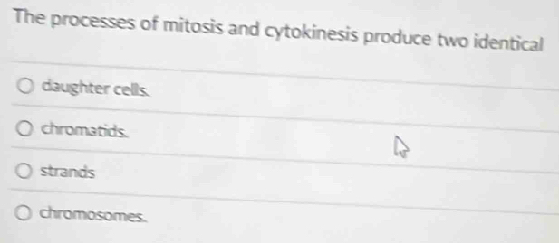 The processes of mitosis and cytokinesis produce two identical
daughter cells.
chromatids.
strands
chromosomes.