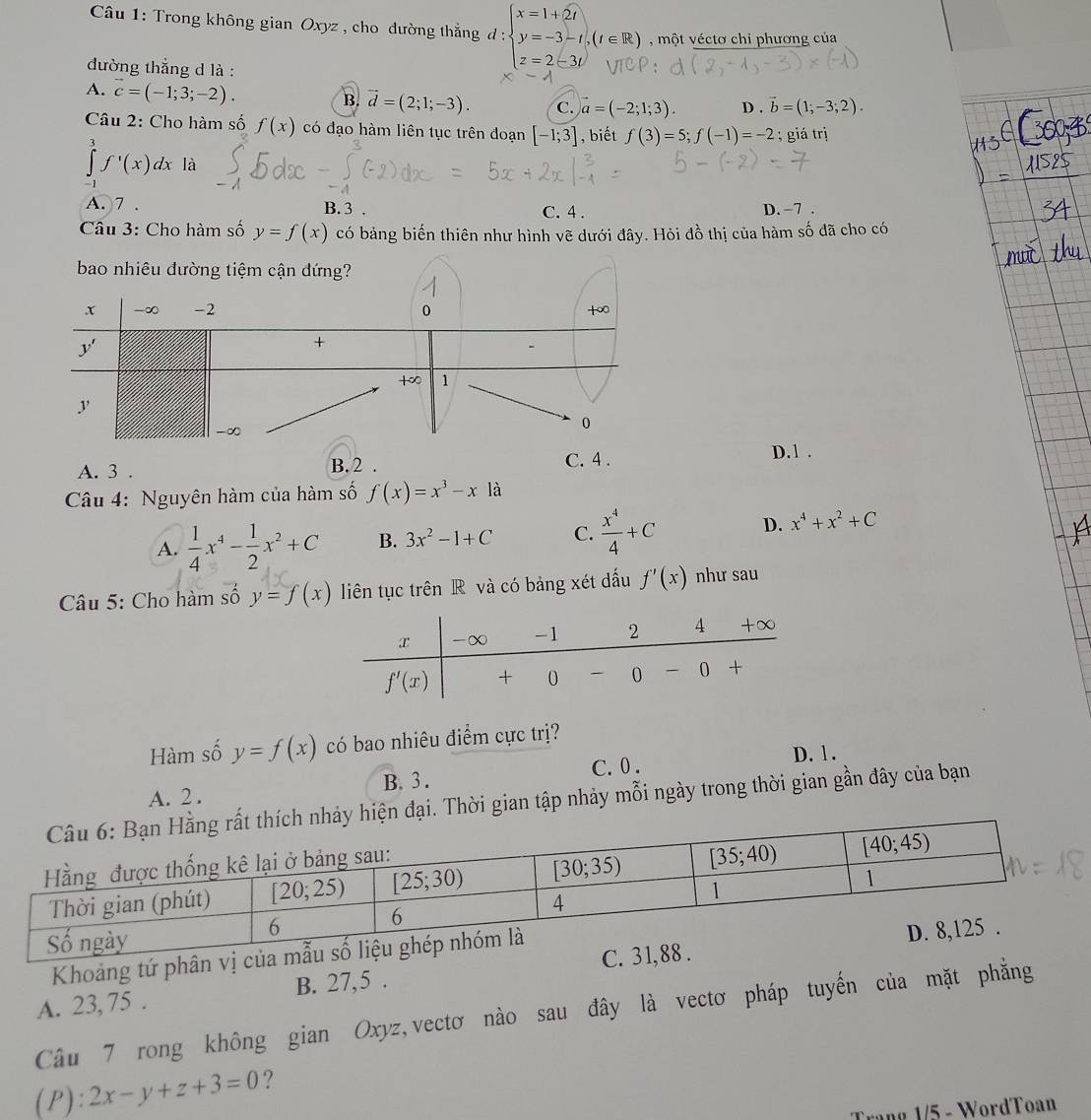 Trong không gian Oxyz , cho dường thắng d:beginarrayl x=1+2i y=-3-t,(t∈ R) z=2-3tendarray. , một véctơ chi phương của
đường thắng d là :
A. vector c=(-1;3;-2).
B. vector d=(2;1;-3). C. vector a=(-2;1;3). D . vector b=(1;-3;2).
Câu 2: Cho hàm số f(x) có đạo hàm liên tục trên đoạn [-1;3] , biết f(3)=5;f(-1)=-2; giá trị
∈tlimits _(-3)^3f'(x)dx là
A. 7 . B. 3 . C. 4 . D. −7 .
Câu 3: Cho hàm số y=f(x) có bảng biến thiên như hình vẽ dưới đây. Hỏi đồ thị của hàm số đã cho có
D.1 .
A. 3 . B. 2 ..
Câu 4: Nguyên hàm của hàm số f(x)=x^3-x là
A.  1/4 x^4- 1/2 x^2+C B. 3x^2-1+C C.  x^4/4 +C D. x^4+x^2+C
Câu 5: Cho hàm số y=f(x) liên tục trên R và có bảng xét dấu f'(x) như sau
Hàm số y=f(x) có bao nhiêu điểm cực trị?
A. 2 . B. 3 . C. 0 . D. 1 .
hiện đại. Thời gian tập nhảy mỗi ngày trong thời gian gần đây của bạn
Khoảng tứ phân vị củ
A. 23, 75 . B. 27,5 . 
Câu 7 rong không gian Oxyz,vectơ nào sau đây là vectơ pháp tuyến của mặt phẳng
(P): 2x-y+z+3=0 ?
Trang 1/5 - WordToan