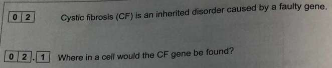 0 2 Cystic fibrosis (CF) is an inherited disorder caused by a faulty gene.
0 2 1 Where in a cell would the CF gene be found?