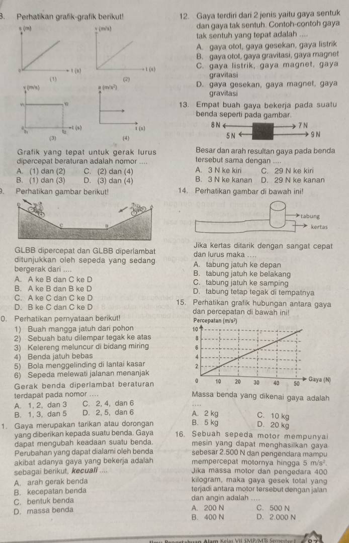 Perhatikan grafik-grafik berikut! 12. Gaya terdiri dari 2 jenis yaitu gaya sentuk
dan gaya tak sentuh. Contoh-contoh gaya
tak sentuh yang tepat adalah ....
A. gaya otot, gaya gesekan, gaya listrik
B. gaya otot, gaya gravitasi, gaya magnet
C. gaya listrik, gaya magnet, gaya
gravitasi
a (m/s²) D. gaya gesekan, gaya magnet, gaya
gravitasi
13. Empat buah gaya bekerja pada suatu
benda seperti pada gambar.
t (s) 8 N
7 N
9 N
(4) 5 N
Besar dan arah resultan gaya pada benda
Grafik yang tepat untuk gerak lurus tersebut sama dengan ....
dipercepat beraturan adalah nomor .... A. 3 N ke kiri
A. (1) dan (2) C. (2) dan (4) C. 29 N ke kiri
B. (1) dan (3) D. (3) dan (4) B. 3 N ke kanan D. 29 N ke kanan
. Perhatikan gambar berikut! 14. Perhatikan gambar di bawah ini!
tabung
kertas
Jika kertas ditarik dengan sangat cepat
GLBB dipercepat dan GLBB diperlambat dan lurus maka     
ditunjukkan oleh sepeda yang sedang A. tabung jatuh ke depan
bergerak dari .... B. tabung jatuh ke belakang
A. A ke B dan C ke D C. tabung jatuh ke samping
B. A ke B dan B ke D D. tabung tetap tegak di tempatnya
C. A ke C dan C ke D 15. Perhatikan grafik hubungan antara gaya
D. B ke C dan C ke D dan percepatan di bawah ini!
0. Perhatikan pernyataan berikut! Percepatan (m/s²)
1) Buah mangga jatuh dari pohon 
2) Sebuah batu dilempar tegak ke atas 
3) Kelereng meluncur di bidang miring 
4) Benda jatuh bebas 
5) Bola menggelinding di lantai kasar 
6) Sepeda melewati jalanan menanjak
Gerak benda diperlambat beraturan 
terdapat pada nomor ....
Massa benda yang dikenai gaya adalah
A. 1, 2, dan 3 C. 2, 4, dan 6
B. 1, 3, dan 5 D. 2, 5, dan 6 A. 2 kg C. 10 kg
1. Gaya merupakan tarikan atau dorongan B. 5 kg D. 20 kg
yang diberikan kepada suatu benda. Gaya 16. Sebuah sepeda motor mempunyai
dapat mengubah keadaan suatu benda. mesin yang dapat menghasilkan gaya
Perubahan yang dapat dialami oleh benda sebesar 2.500 N dan pengendara mampu
akibat adanya gaya yang bekerja adalah mempercepat motornya hingga 5m/s^2.
sebagai berikut, kecuali .... Jika massa motor dan pengedara 400
A. arah gerak benda kilogram, maka gaya gesek total yang
B. kecepatan benda terjadi antara motor tersebut dengan jalan
C. bentuk benda dan angin adalah ....
D. massa benda A. 200 N C. 500 N
B. 400 N D. 2.000 N
en an Alam Kelar VII SMP/MT Seme stee t