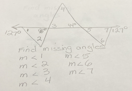 m<1</tex> m∠ 5
m<2</tex> m∠ 6
m<3</tex> m∠ 7
m<4</tex>
