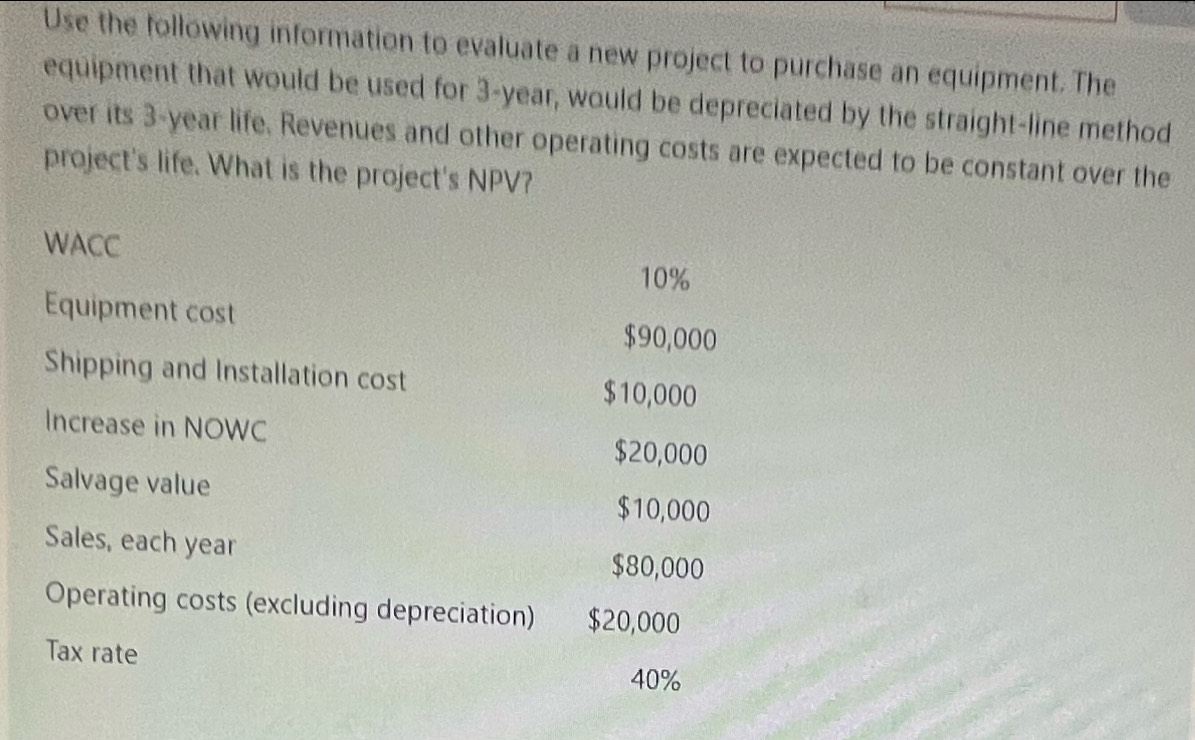 Use the following information to evaluate a new project to purchase an equipment. The 
equipment that would be used for 3-year, would be depreciated by the straight-line method 
over its 3-year life. Revenues and other operating costs are expected to be constant over the 
project's life. What is the project's NPV? 
WACC
10%
Equipment cost $90,000
Shipping and Installation cost $10,000
Increase in NOWC $20,000
Salvage value $10,000
Sales, each year
$80,000
Operating costs (excluding depreciation) $20,000
Tax rate
40%