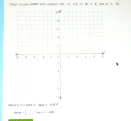 Graph square UVWX with vertices U(9,-9), V(9,5), W(-5,5) I, and X(-5,-9). 
What is the area of square UVWX? 
Area =□ square units