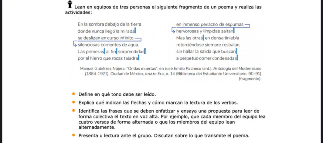 Lean en equipos de tres personas el siguiente fragmento de un poema y realiza las 
actividades: 
En la sombra debajo de la tierra en inmenso penacho de espumas 
donde nunca llegó la mirada hervorosas y límpidas saltan 
se deslizan en curso infinito Mas las otrasen densa tiniebla 
silenciosas corrientes de agua. retorciéndose siempre resbalan, 
Las primeras al fin sorprendidas sin hallar la salida que buscan 
por el hierro que rocas taladra a perpetuo correr condenadas 
Manuel Gutiérrez Nájera, 'Ondas muertas', en José Emilio Pacheco (ant.), Antología del Modernismo 
(1884-1921), Ciudad de México, UNAM-Era, p. 14 (Biblioteca del Estudiante Universitario, 90-91) 
(fragmento). 
Define en qué tono debe ser leído. 
Explica qué indican las flechas y cómo marcan la lectura de los verbos. 
Identifica las frases que se deben enfatizar y ensaya una propuesta para leer de 
forma colectiva el texto en voz alta. Por ejemplo, que cada miembro del equipo lea 
cuatro versos de forma alternada o que los miembros del equipo lean 
alternadamente. 
Presenta u lectura ante el grupo. Discutan sobre lo que transmite el poema.