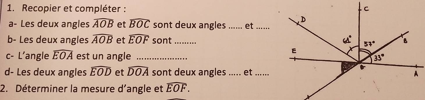 Recopier et compléter : 
a- Les deux angles widehat AOB et widehat BOC sont deux angles ._ ...... et_
b- Les deux angles widehat AOB et widehat EOF sont_
c- L'angle widehat EOA est un angle _
d- Les deux angles widehat EOD et widehat DOA sont deux angles ..... et ......
2. Déterminer la mesure d’angle et widehat EOF.