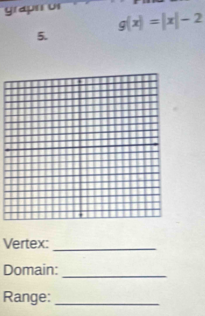 grapt or
g(x)=|x|-2
5. 
Vertex:_ 
Domain:_ 
Range:_