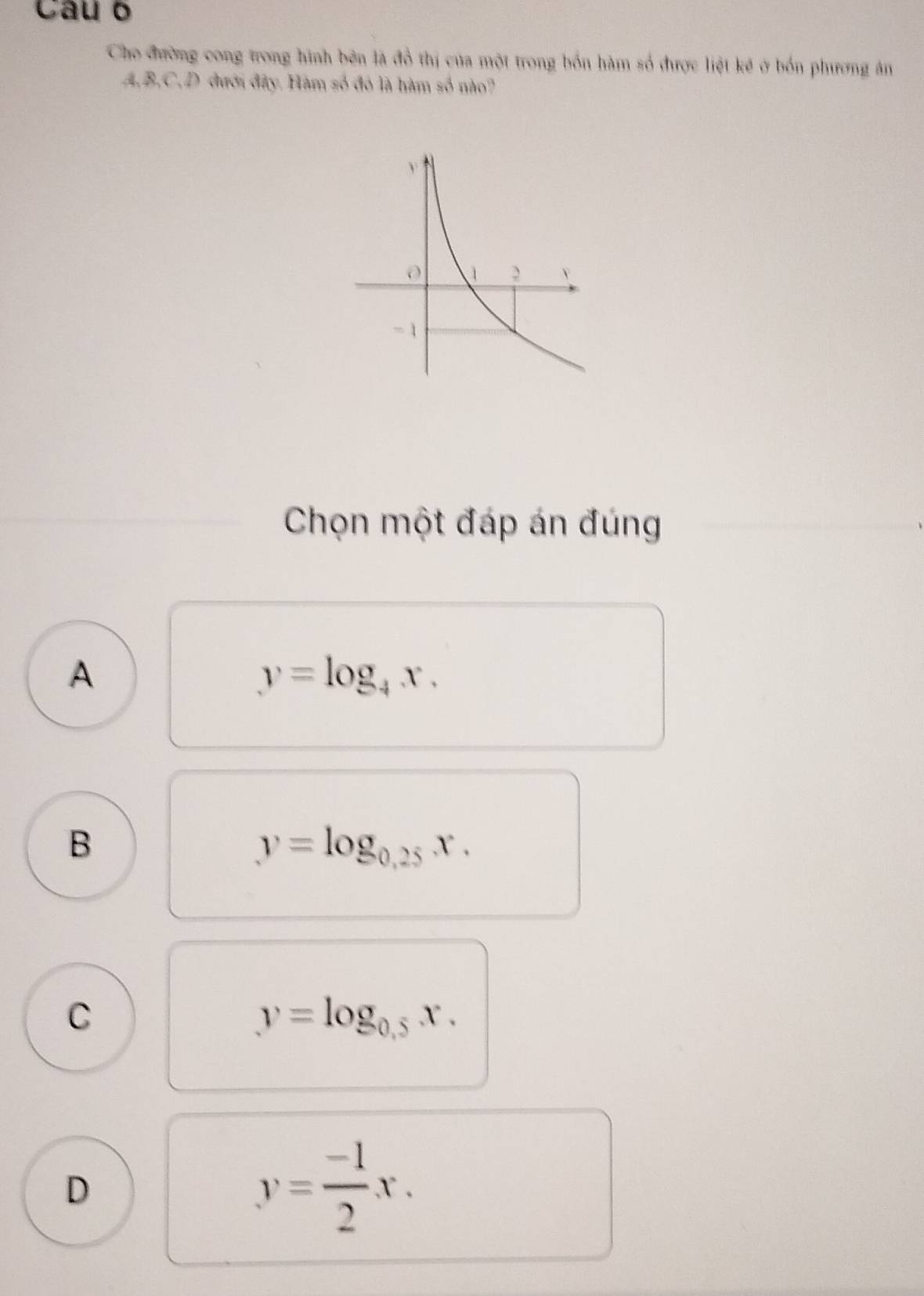 Cho đường cong trong hình bên là đồ thị của một trong bốn hàm số được liệt kẻ ở bốn phương ăn
A, B, C, D đưới đây. Hàm số đó là hàm số nào?
Chọn một đáp án đúng
A
y=log _4x,
B
y=log _0,25x.
C
y=log _0.5x.
D
y= (-1)/2 x.