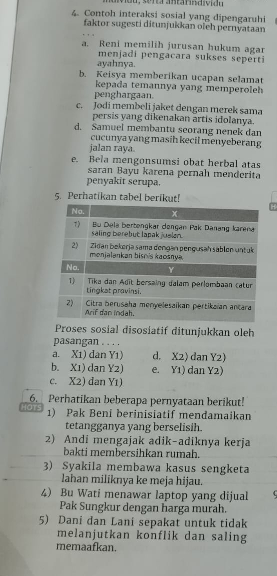 uividu, serta antarindividu
4. Contoh interaksi sosial yang dipengaruhi
faktor sugesti ditunjukkan oleh pernyataan
a. Reni memilih jurusan hukum agar
menjadi pengacara sukses seperti
ayahnya.
b. Keisya memberikan ucapan selamat
kepada temannya yang memperoleh
penghargaan.
c. Jodi membeli jaket dengan merek sama
persis yang dikenakan artis idolanya.
d. Samuel membantu seorang nenek dan
cucunya yang masih kecil menyeberang
jalan raya.
e. Bela mengonsumsi obat herbal atas
saran Bayu karena pernah menderita
penyakit serupa.
5. Perhatikan tabel berikut!
Proses sosial disosiatif ditunjukkan oleh
pasangan . . . .
a. X1 dan Y1) d. X2) dan Y2)
b. X1) dan Y2) e. Y1) dan Y2)
c. X2) dan Y1
6. Perhatikan beberapa pernyataan berikut!
HOTS 1) Pak Beni berinisiatif mendamaikan
tetangganya yang berselisih.
2) Andi mengajak adik-adiknya kerja
bakti membersihkan rumah.
3) Syakila membawa kasus sengketa
lahan miliknya ke meja hijau.
4) Bu Wati menawar laptop yang dijual
Pak Sungkur dengan harga murah.
5) Dani dan Lani sepakat untuk tidak
melanjutkan konflik dan saling
memaafkan.