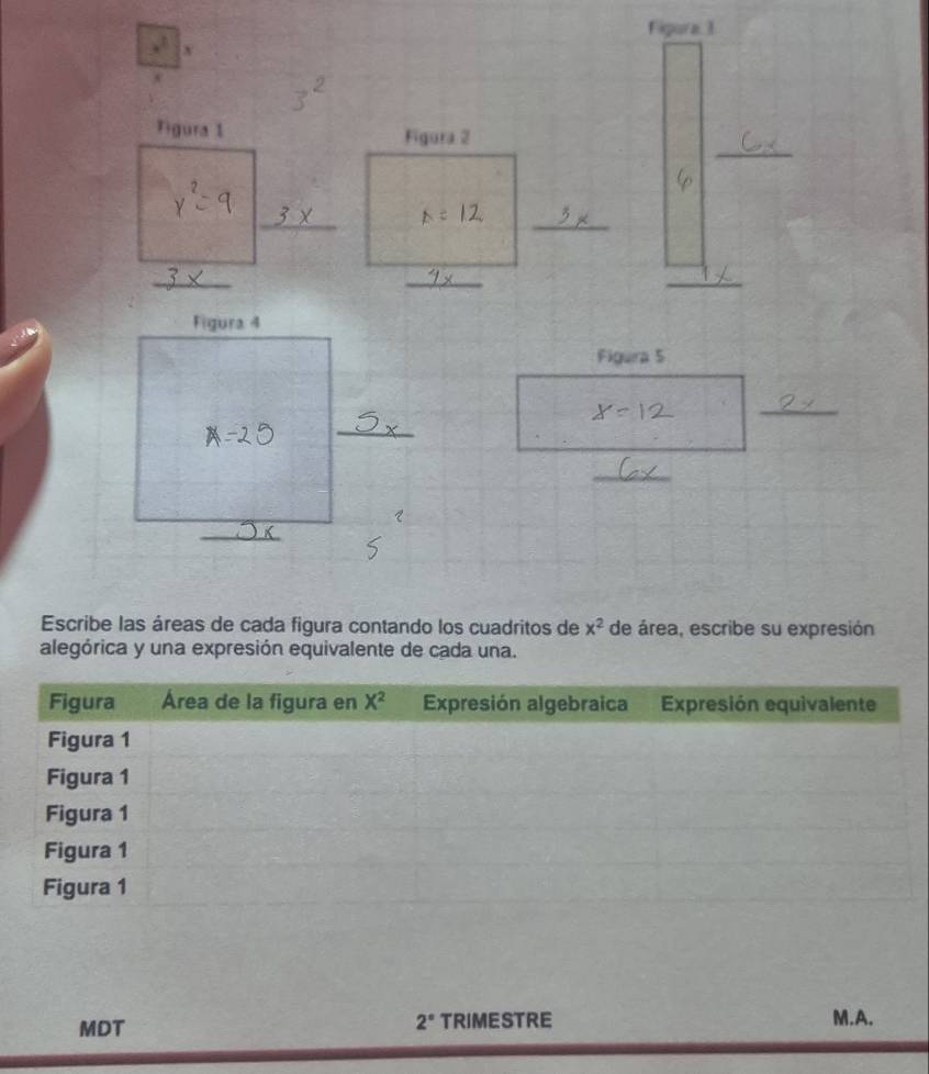 Figura. 1.
_
Figura 2
_
_
_
_
Escribe las áreas de cada figura contando los cuadritos de x^2 de área, escribe su expresión
alegórica y una expresión equivalente de cada una.
MDT TRIMESTRE M.A.
2°
