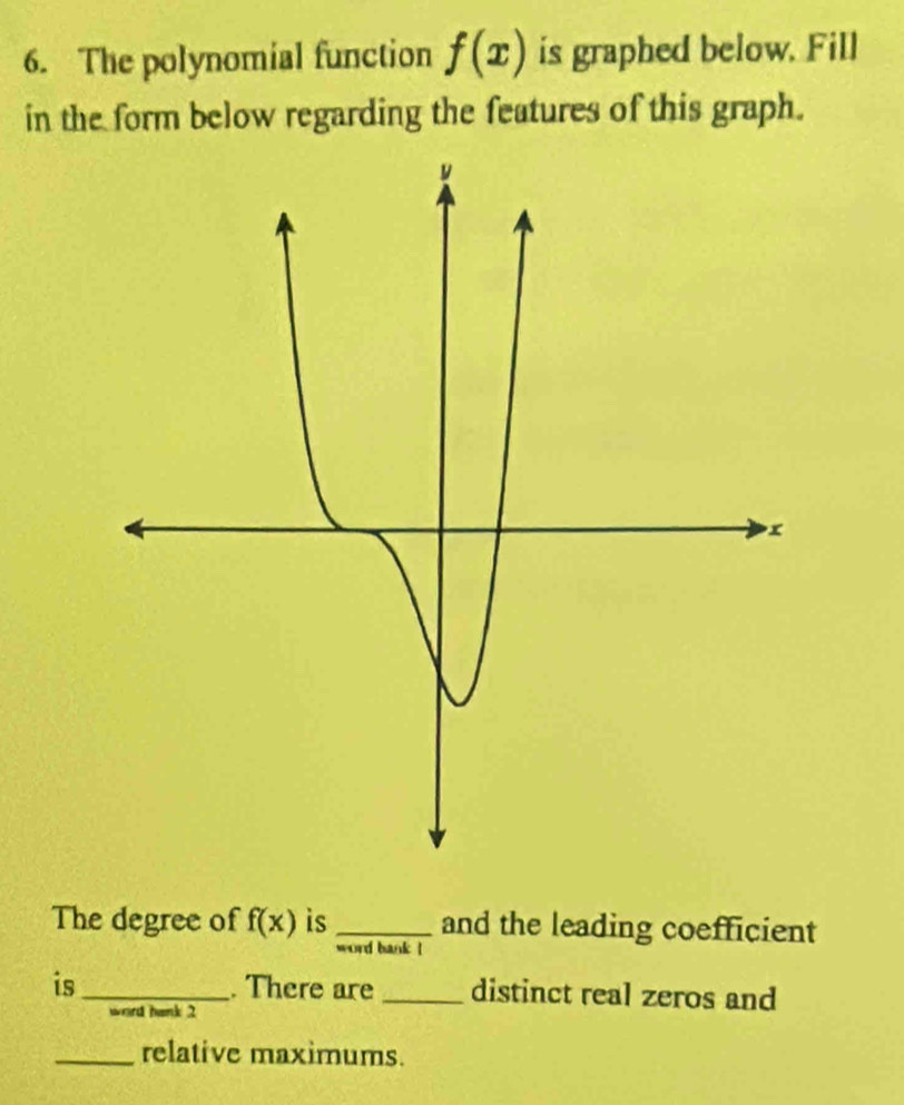 The polynomial function f(x) is graphed below. Fill 
in the form below regarding the features of this graph. 
The degree of f(x) is _and the leading coefficient 
word bank ! 
is_ . There are _distinct real zeros and 
wird hank 2 
_relative maximums.