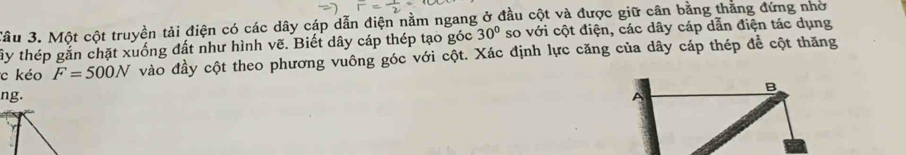 Jâu 3. Một cột truyền tải điện có các dây cáp dẫn điện nằm ngang ở đầu cột và được giữ cân bằng thăng đứng nhớ 
ấy thép gắn chặt xuống đất như hình vẽ. Biết dây cáp thép tạo góc 30° so với cột điện, các dây cáp dẫn điện tác dụng 
c kéo F=500N vào đầy cột theo phương vuông góc với cột. Xác định lực căng của dây cáp thép để cột thăng 
ng.