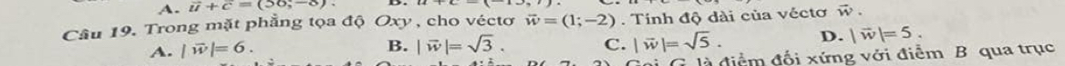 overline u+overline c=(56,-8)
Câu 19. Trong mặt phẳng tọa độ Oxy , cho véctơ vector w=(1;-2). Tinh độ dài của véctơ vector w.
D. |vector w|=5.
A. |vector w|=6.
B. |vector w|=sqrt(3). C. |vector w|=sqrt(5). 
G là điểm đối xứng với điểm B qua trục