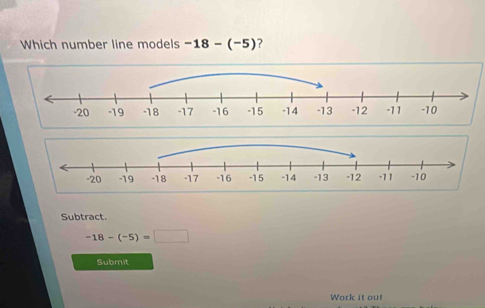 Which number line models -18-(-5) ? 
Subtract.
-18-(-5)=□
Submit 
Work it out