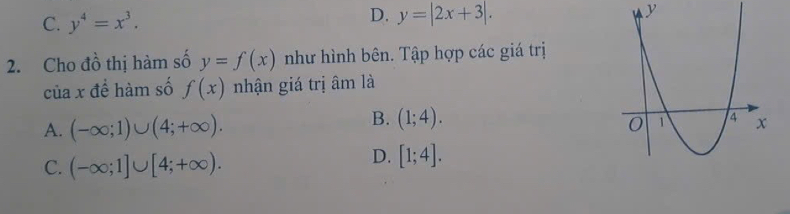 C. y^4=x^3.
D. y=|2x+3|. y
2. Cho đồ thị hàm số y=f(x) như hình bên. Tập hợp các giá trị
của x để hàm số f(x) nhận giá trị âm là
A. (-∈fty ;1)∪ (4;+∈fty ).
B. (1;4).
C. (-∈fty ;1]∪ [4;+∈fty ).
D. [1;4].