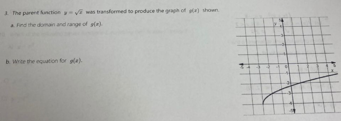 The parent function y=sqrt(x) was transformed to produce the graph of g(x) shown. 
a. Find the domain and range of g(x). 
b. Write the equation for g(x).