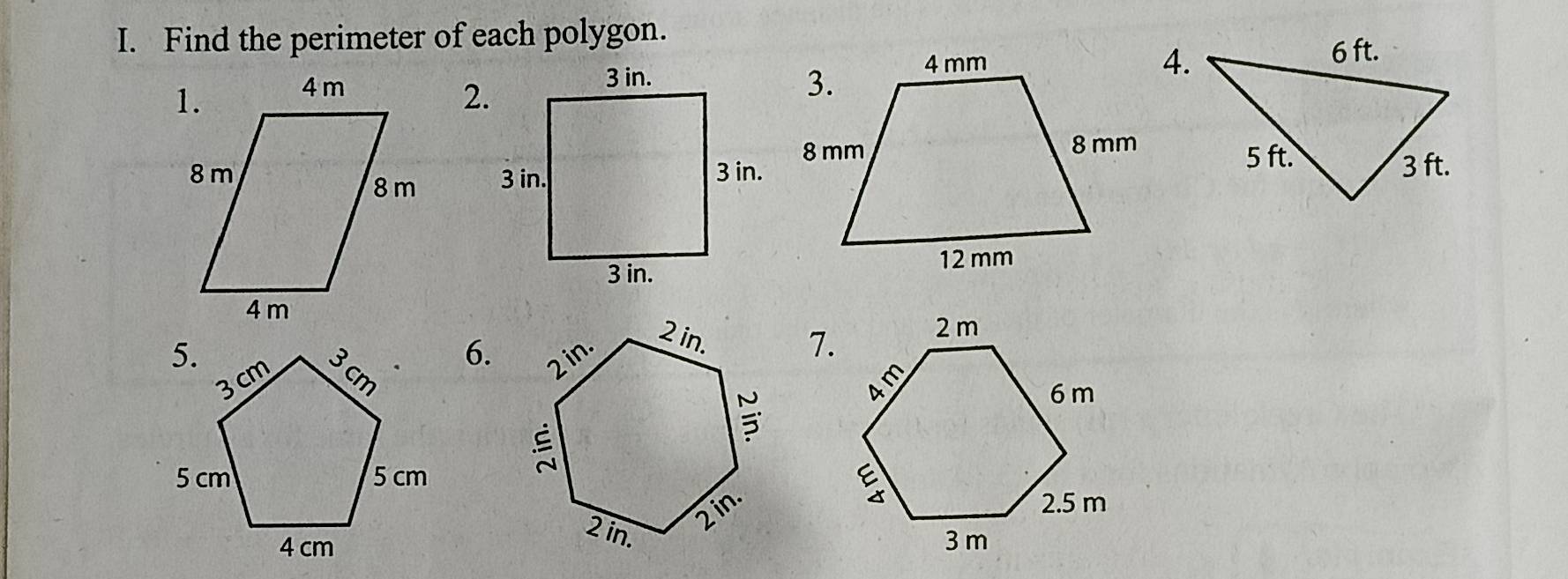 Find the perimeter of each polygon. 
2. 
4. 
6. 
7.