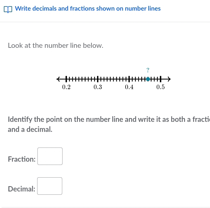 Write decimals and fractions shown on number lines 
Look at the number line below. 
Identify the point on the number line and write it as both a fracti 
and a decimal. 
Fraction: □ 
Decimal: □