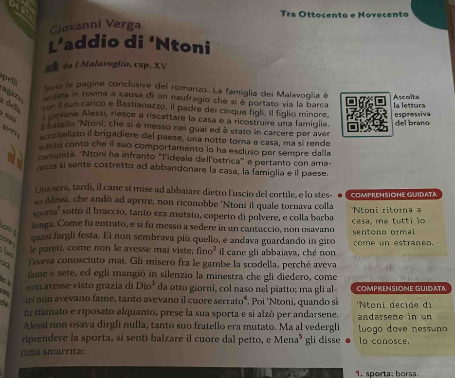 oist
Tra Ottocento e Novecento
Giovanní Verga
L’addio di ‘Ntoni
ds I Malavoglia, cap. XV
pell
Sano le pagine conclusive del romanzo. La famiglia dei Malavoglia è
Ascolta
ngaz ze  adata in rovina a causa di un naufragio che sí è portato via la barca
la lettura
dell con il sub carico e Bastianazzo, il padre deí cinque figli. Il figlio minore,
espressiva
sua l gievane Alessi, riesce a riscattare la casa e a ricostruire una famiglia.
del brano
l atello 'Ntoni, che si è messo nei guai ed è stato in carcere per aver
aver accoitellato il brigadiere del paese, una notte torna a casa, ma si rende
subito conto che il suo comportamento lo ha escluso per sempre dalla
comunita. ‘Ntoni ha infranto “l’ideale dell’ostrica” e pertanto con ama-
rezza si sente costretto ad abbandonare la casa, la famiglia e il paese.
Una sera, tardi, il cane si mise ad abbaiare dietro l'uscio del cortile, e lo stes- COMPRENSIONE GUIDATA
so Alessi, che andò ad aprire, non riconobbe ‘Ntoni il quale tornava colla 'Ntoni ritorna a
sporta’ sotto il braccio, tanto era mutato, coperto di polvere, e colla barba casa, ma tutti lo
iunga. Come fu entrato, e si fu messo a sedere in un cantuccio, non osavano sentono ormai
on é
lone
quasí fargli festa. Ei non sembrava più quello, e andava guardando in giro come un estraneo.
la le pareti, come non le avesse mai viste; fino^2 il cane gli abbaiava, ché non
Taveva conosciuto mai. Gli misero fra le gambe la scodella, perché aveva
fame e sete, ed egli mangiò in silenzio la minestra che gli diedero, come
d i
on avesse visto grazia di Dio^3 da otto giorni, col naso nel piatto; ma gli al- COMPRENSIONE GUIDATA
song
tri non avevano fame, tanto avevano il cuore serrato*. Poi ‘Ntoni, quando si
the 'Ntoni decide di
fu slamato e riposato alquanto, prese la sua sporta e si alzò per andarsene. andarsene in un
Alessi non osava dirgli nulla, tanto suo fratello era mutato. Ma al vedergli luogo dove nessuno
riprendere la sporta, si sentì balzare il cuore dal petto, e Mena a^5 gli disse lo conosce.
Lutta smarrita:
1. sporta: borsa.