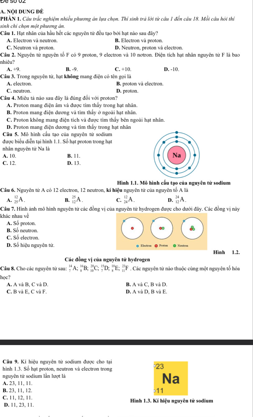 Nội DUNG đÈ
PHÀN 1. Câu trắc nghiệm nhiều phương án lựa chọn. Thí sinh trả lời từ câu 1 đến câu 18. Mồi câu hỏi thí
sinh chỉ chọn một phương án.
Câu 1. Hạt nhân của hầu hết các nguyên tử đều tạo bởi hạt nào sau đây?
A. Electron và neutron. B. Electron và proton.
C. Neutron và proton. D. Neutron, proton và electron.
Câu 2. Nguyên tử nguyên tố F có 9 proton, 9 electron và 10 nơtron. Điện tích hạt nhân nguyên tử F là bao
nhiêu?
A. +9. B. -9. C. +10. D. -10.
Câu 3. Trong nguyên tử, hạt không mang điện có tên gọi là
A. electron. B. proton và electron.
C. neutron. D. proton.
Câu 4. Miêu tả nào sau đây là đúng đối với proton?
A. Proton mang điện âm và được tìm thấy trong hạt nhân.
B. Proton mang điện dương và tìm thấy ở ngoài hạt nhân.
C. Proton không mang điện tích và được tìm thấy bên ngoài hạt nhân.
D. Proton mang điện dương và tìm thấy trong hạt nhân
Câu 5. Mô hình cấu tạo của nguyên tử sodium
được biểu diễn tại hình 1.1. Số hạt proton trong hạt
nhân nguyên tử Na là
A. 10. B. 11.
C. 12. D. 13.
Hình 1.1. Mô hình cấu tạo của nguyên tử sodium
Câu 6. Nguyên tử A có 12 electron, 12 neutron, kí hiệu nguyên tử của nguyên tố A là
A. _(25)^(12)A. _(12)^(25)A. C. _(24)^(12)A. D. _(12)^(24)A.
B.
Câu 7. Hình ảnh mô hình nguyên tử các đồng vị của nguyên tử hydrogen được cho dưới đây. Các đồng vị này
khác nhau về
A. Số proton.
B. Số neutron.
C. Số electron.
D. Số hiệu nguyên tử. 
Hình 1.2.
Các đồng vị của nguyên tử hydrogen
Câu 8. Cho các nguyên tử sau: _7^(14)A;_8^(16)B;_(10)^(20)C;_7^(15)D;_8^(18)E;_(11)^(23)F. Các nguyên tử nào thuộc cùng một nguyên tố hóa
học?
A. A và B, C và D. B. A và C, B và D.
C. B và I E.C và F. D. A và D, B và E.
Câu 9. Kí hiệu nguyên tử sodium được cho tại
hình 1.3. Số hạt proton, neutron và electron trong °23
nguyên tử sodium lần lượt là
A. 23, 11, 11.
Na
B. 23, 11, 12. ɔ11
C. 11, 12, 11.
Hình 1.3. Kí hiệu nguyên tử sodium
D. 11, 23, 11.