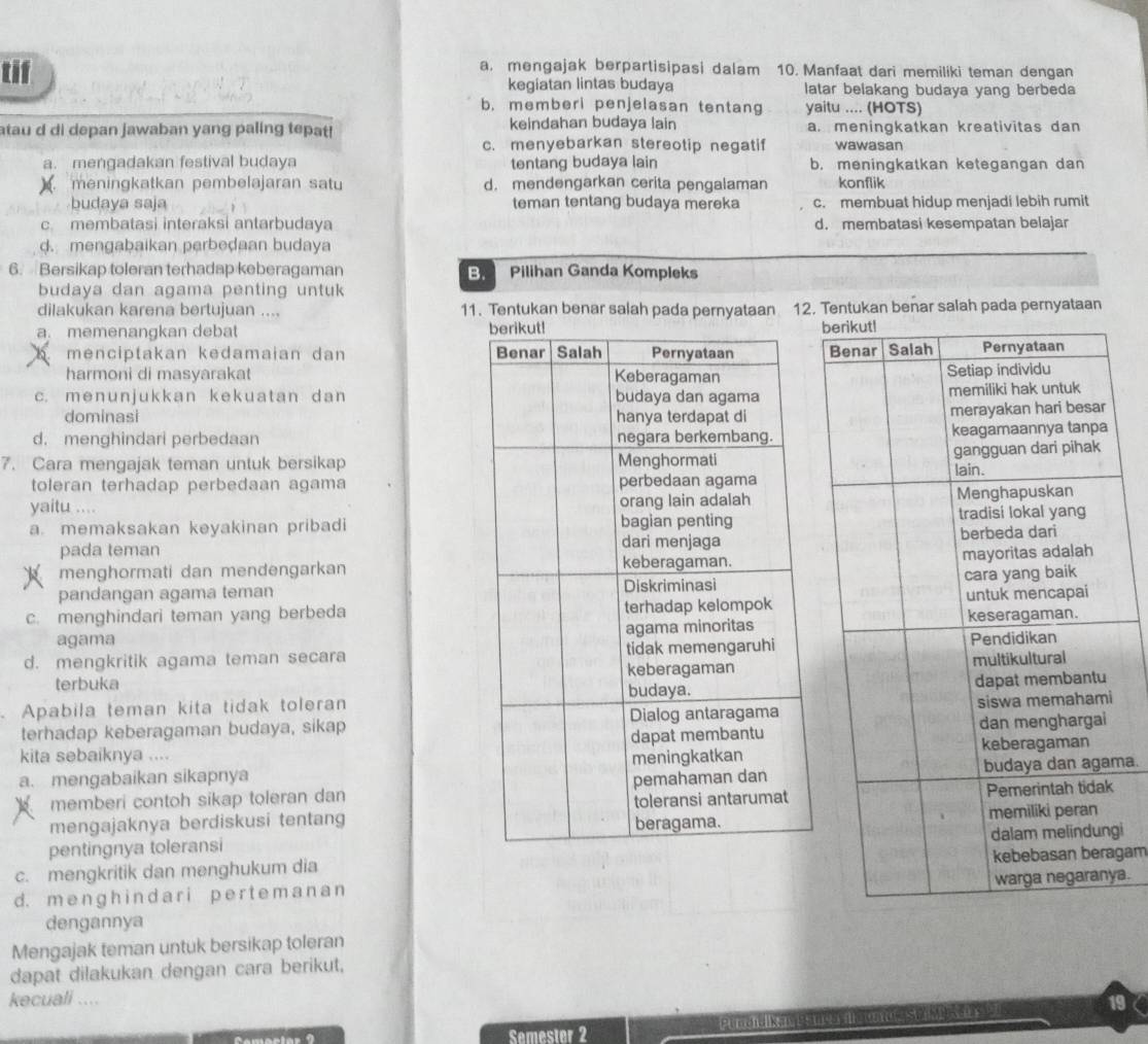 a. mengajak berpartisipasi dalam 10. Manfaat dari memiliki teman dengan
tif kegiatan lintas budaya latar belakang budaya yang berbeda
b. memberi penjelasan tentang yaitu .... (HOTS)
atau d di depan jawaban yang paling tepat! keindahan budaya lain a. meningkatkan kreativitas dan
c. menyebarkan stereotip negatif wawasan
a. mengadakan festival budaya tentang budaya lain b. meningkatkan ketegangan dan
meningkatkan pembelajaran satu d. mendengarkan cerita pengalaman konflik
budaya saja teman tentang budaya mereka c. membuat hidup menjadi lebih rumit
c. membatasi interaksi antarbudaya d. membatasi kesempatan belajar
d. mengabaikan perbedaan budaya
6. Bersikap toleran terhadap keberagaman B Pilihan Ganda Kompleks
budaya dan agama penting untuk
dilakukan karena bertujuan .... 11. Tentukan benar salah pada pernyataan 12. Tentukan benar salah pada pernyataan
a. memenangkan deba 
menciptakan kedamaian dan 
harmoni di masyarakat
c. menunjukkan kekuatan dan
dominasi
d. menghindari perbedaan 
7. Cara mengajak teman untuk bersikap
toleran terhadap perbedaan agama
yaitu ....
a. memaksakan keyakinan pribadi
pada teman 
menghormati dan mendengarkan
pandangan agama teman 
c. menghindari teman yang berbeda
agama
d. mengkritik agama teman secara
terbuka
Apabila teman kita tidak toleran
terhadap keberagaman budaya, sikap
kita sebaiknya .... 
a. mengabaikan sikapnya 
memberi contoh sikap toleran danma.
mengajaknya berdiskusi tentang
pentingnya toleransigi
c. mengkritik dan menghukum diagam
d. m e ngh i n d  a r i p e r t e m a n a n ya.
dengannya
Mengajak teman untuk bersikap toleran
dapat dilakukan dengan cara berikut,
kecuali ....
Semester 2