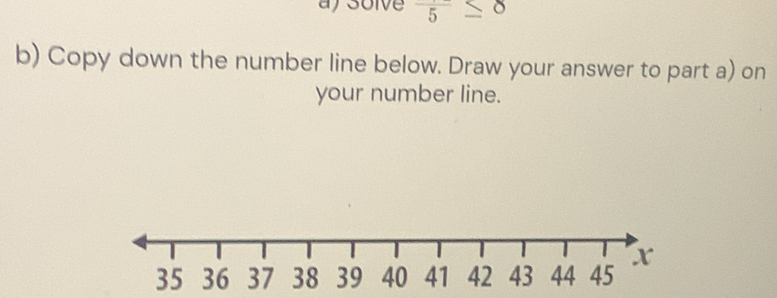 ay solve overline 5≤ 8
b) Copy down the number line below. Draw your answer to part a) on 
your number line.