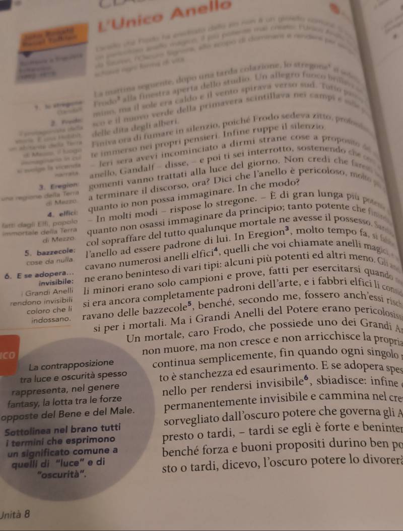 L'Unico Anello
Eacaty une hats ha ensdiats cato an non 8 un gioleto comonl s
d a Saures noscuro Signons, año acopo de dominan e rendare  er e  
n persctono aalo mágico, I pla posenae mas crsor Púrios fnd 
hae ngr forms of va 
   
La mattimna seguente, dopo una tarda colaxione, lo stregone' s sd  
1. to atregone Prodo'' alla finestra aperta dello studio. Un allegro fuoco brier 
0 7 63 mino, ma il sole era caldo e il vento spirava verso sud. Toio  pe  
A emopoinião cadia sco e il nunvo verde della primavera scintillava neï campi e sle y .
2. Feh
= E ua ibibit delle díta degli alberi.
== abitara cela Teira Finiva ora di fumare in silenzio, poiché Frodo sedeva zitto, profsi
iimag a io in cu te immerso nei propri pensieri. Infine ruppe il silenzio
(  Mess, il hogo 
eí evolge la vicenda - Jeri sera avevi incominciato a dirmi strane cose a proposto d 
anello, Gandalf - disse, - e poi ti sei interrotto, sostenendo c  
3. Eregion gomenti vanno trattati alla luce del giorno. Non credi che farm 
una regione deñla Terra a terminare il discorso, ora? Dici che l'anello è pericoloso, mole o 
4. elfici: quanto io non possa immaginare. In che modo?
di Mezzo
fatti dagli Elfi, popolo - In molti modi - rispose lo stregone. - È di gran lunga piu pot 
ortale  dela  erra quanto non osassi immaginare da principio; tanto potente che fne e aese   possess 
di Mezzo
col sopraffare del tutto qualunque n
cose da nulla lanello ad essere padrone di lui. In Eregion^3 ,molto tempo fa, si fa 
5. bazzecole:
cavano numerosi anelli elfició, quelli che voi chiamate anelli magic e
6. E se adopera.. ne erano beninteso di vari tipi: alcuni più potenti ed altri meno. Glias
invisibile:
Grandi Anelli li minori erano solo campioni e prove, fatti per esercitarsi quando
rendono invisibili si era ancora completamente padroni dell’arte, e i fabbri elfici li cono
indossano. ravano delle bazzecoleá, benché, secondo me, fossero anch'essi risch
coloro che li
si per i mortali. Ma i Grandi Anelli del Potere erano pericolosis
Un mortale, caro Frodo, che possiede uno dei Grandi Ar
ICO non muore, ma non cresce e non arricchisce la propría
La contrapposizione  continua semplicemente, fin quando ogni singolo 
tra luce e oscurità spesso to è stanchezza ed esaurimento. E se adopera spes
rappresenta, nel genere
fantasy, la lotta tra le forze nello per rendersi invisibile•, sbiadisce: infine
permanentemente invisibile e cammina nel cre
opposte del Bene e del Male. sorvegliato dall’oscuro potere che governa gli A
Sottolinea nel brano tutti
i termini che esprimono presto o tardi, - tardi se egli è forte e beninter
un significato comune a benché forza e buoni propositi durino ben po
quelli di “luce” e di
"oscurità'. sto o tardi, dicevo, l’oscuro potere lo divorer?
Unità 8