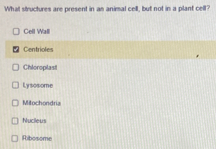 What structures are present in an animal cell, but not in a plant cell?
Cell Wall
Centrioles
Chioroplast
Lysosome
Mitochondria
Nucleus
Ribosome