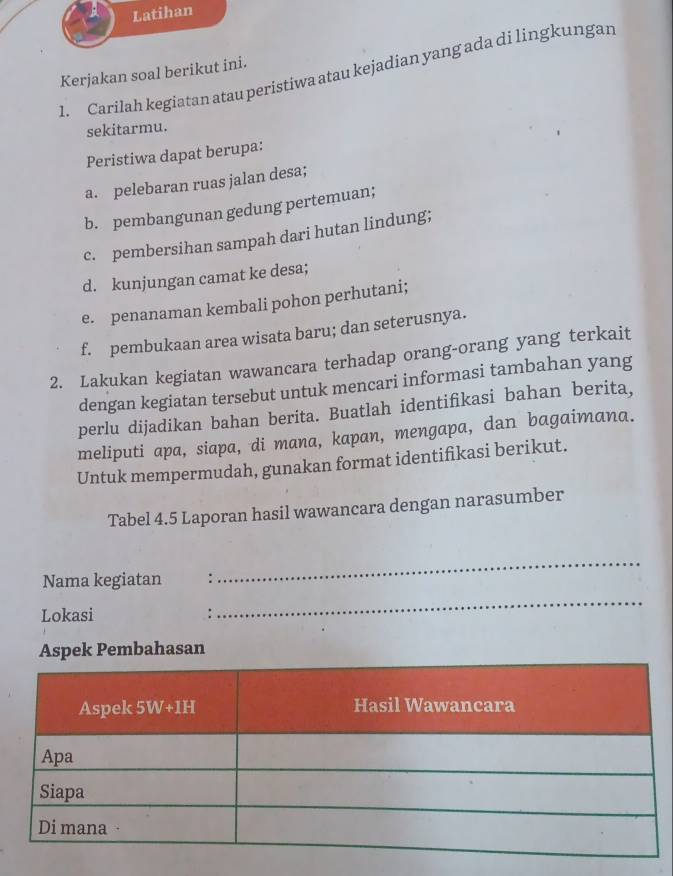 Latihan
1. Carilah kegiatan atau peristiwa atau kejadian yang ada di lingkungan
Kerjakan soal berikut ini.
sekitarmu.
Peristiwa dapat berupa:
a. pelebaran ruas jalan desa;
b. pembangunan gedung pertemuan;
c. pembersihan sampah dari hutan lindung;
d. kunjungan camat ke desa;
e. penanaman kembali pohon perhutani;
f. pembukaan area wisata baru; dan seterusnya.
2. Lakukan kegiatan wawancara terhadap orang-orang yang terkait
dengan kegiatan tersebut untuk mencari informasi tambahan yang
perlu dijadikan bahan berita. Buatlah identifikasi bahan berita,
meliputi apa, siapa, di mana, kapan, mengapa, dan bagaimana.
Untuk mempermudah, gunakan format identifikasi berikut.
Tabel 4.5 Laporan hasil wawancara dengan narasumber
Nama kegiatan :
_
Lokasi :
_
Aspek Pembahasan