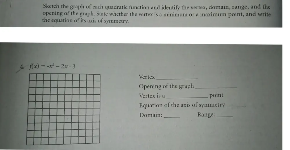 Solved: Sketch the graph of each quadratic function and identify the ...