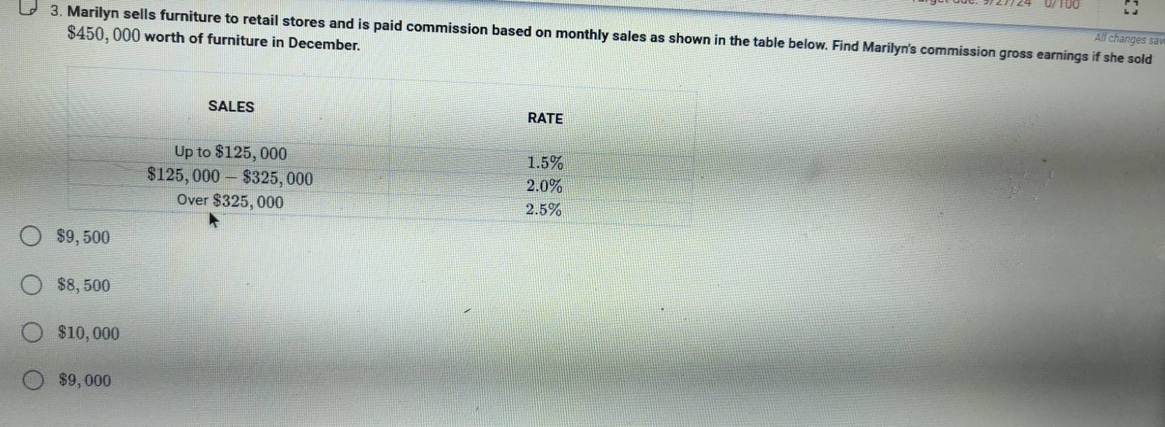 Marilyn sells furniture to retail stores and is paid commission based on monthly sales as shown in the table below. Find Marilyn's commission gross earnings if she sold
$450, 000 worth of furniture in December.
All changes sav
$8, 500
$10,000
$9, 000