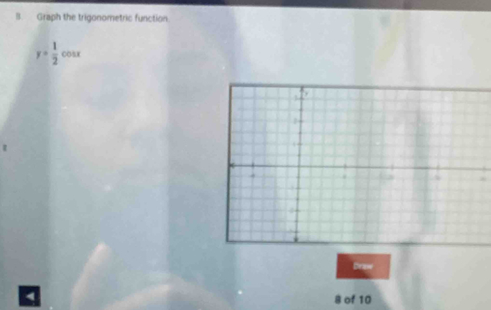 Graph the trigonometric function.
y= 1/2 cos x
Braw 
4 8 of 10