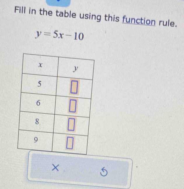 Fill in the table using this function rule.
y=5x-10

S