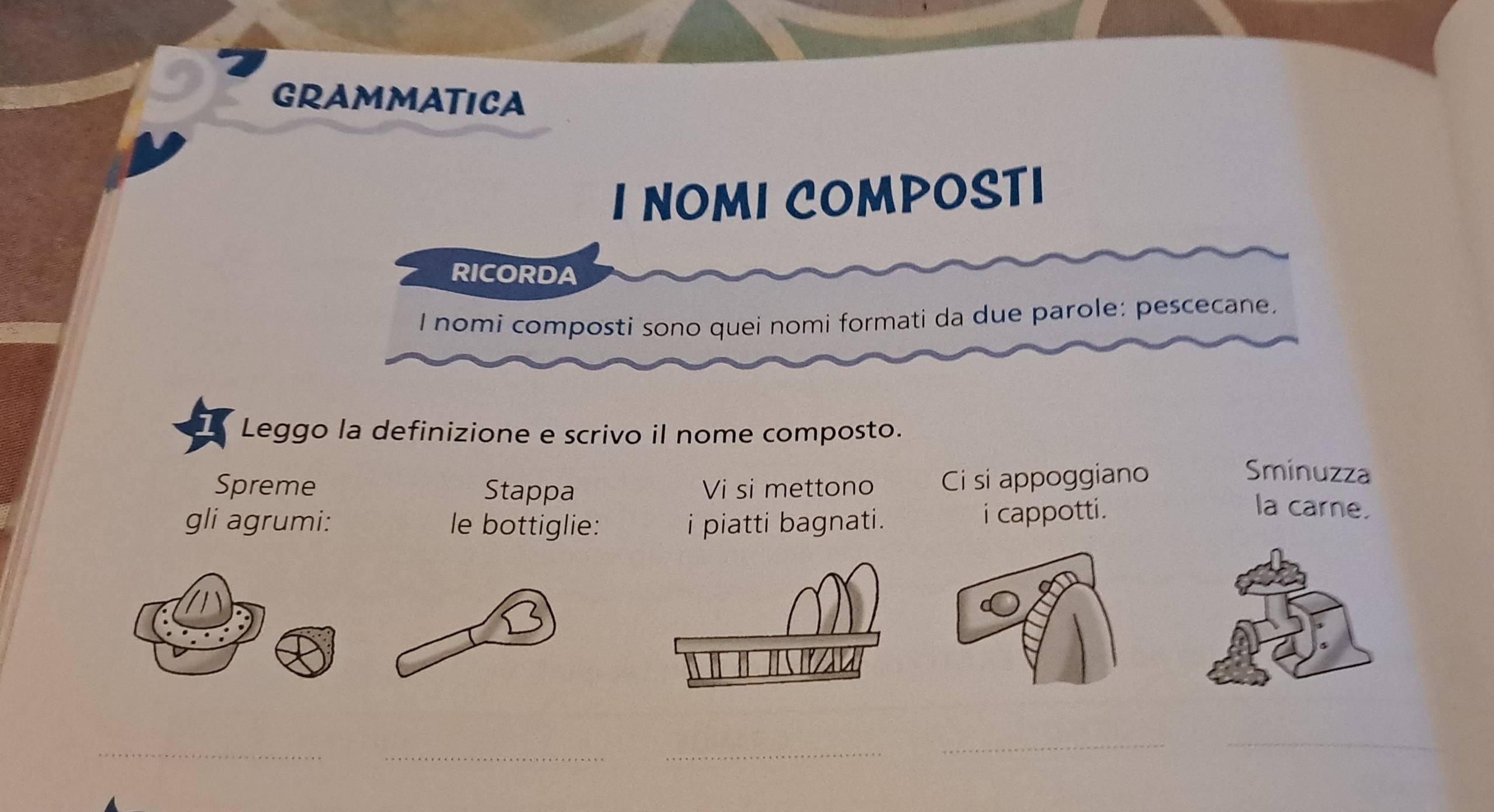 GRAMMATICA 
I NOMI COMPOSTI 
RICORDA 
I nomi composti sono quei nomi formati da due parole: pescecane, 
Leggo la definizione e scrivo il nome composto. 
Spreme Stappa Vi si mettono Ci si appoggiano 
Sminuzza 
gli agrumi: le bottiglie: i piatti bagnati. i cappotti. 
la carne. 
__ 
_ 
_ 
_