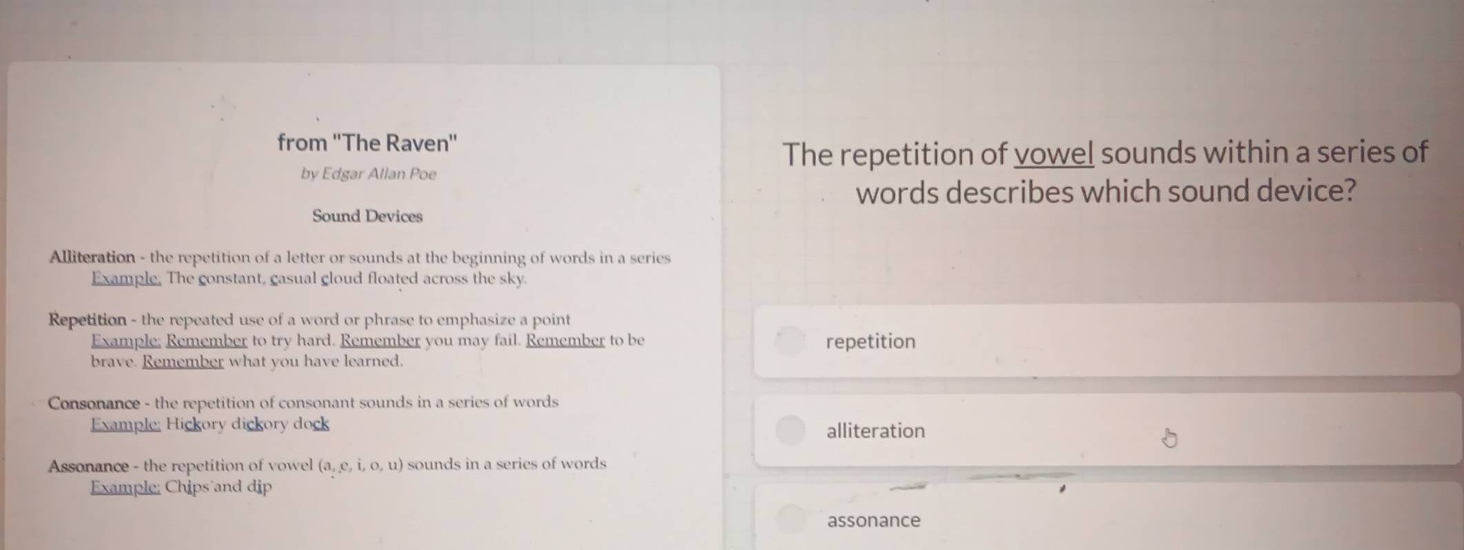 Solved: from ''The Raven'' The repetition of vowel sounds within a ...