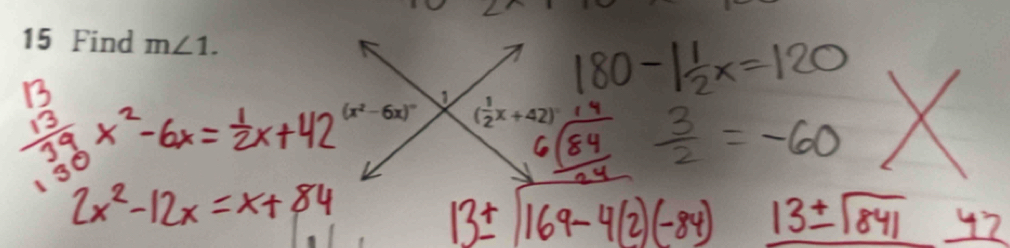 Find m∠ 1.
(x^2-6x)^circ  ( 1/2 x+42)