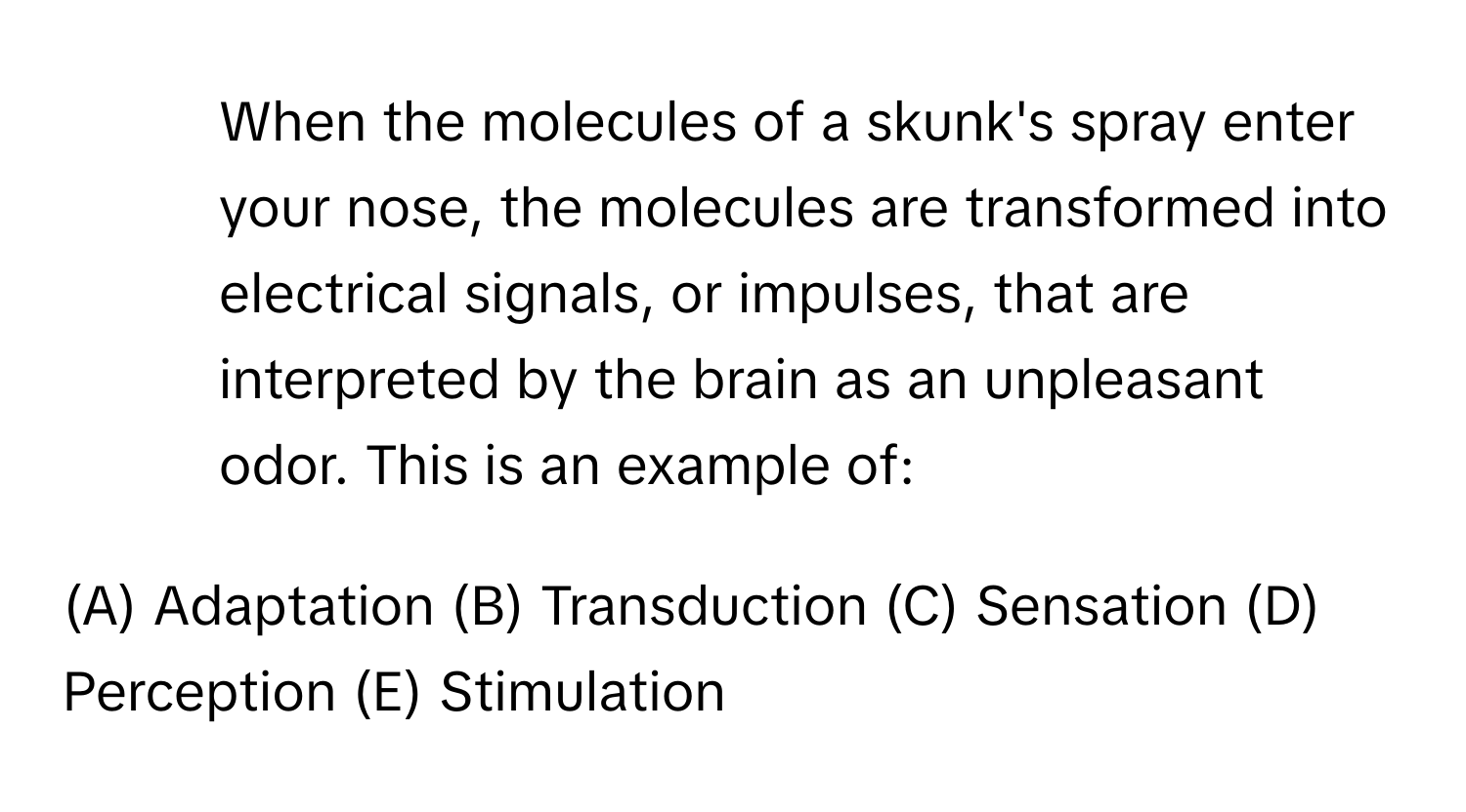 When the molecules of a skunk's spray enter your nose, the molecules are transformed into electrical signals, or impulses, that are interpreted by the brain as an unpleasant odor. This is an example of:

(A) Adaptation (B) Transduction (C) Sensation (D) Perception (E) Stimulation