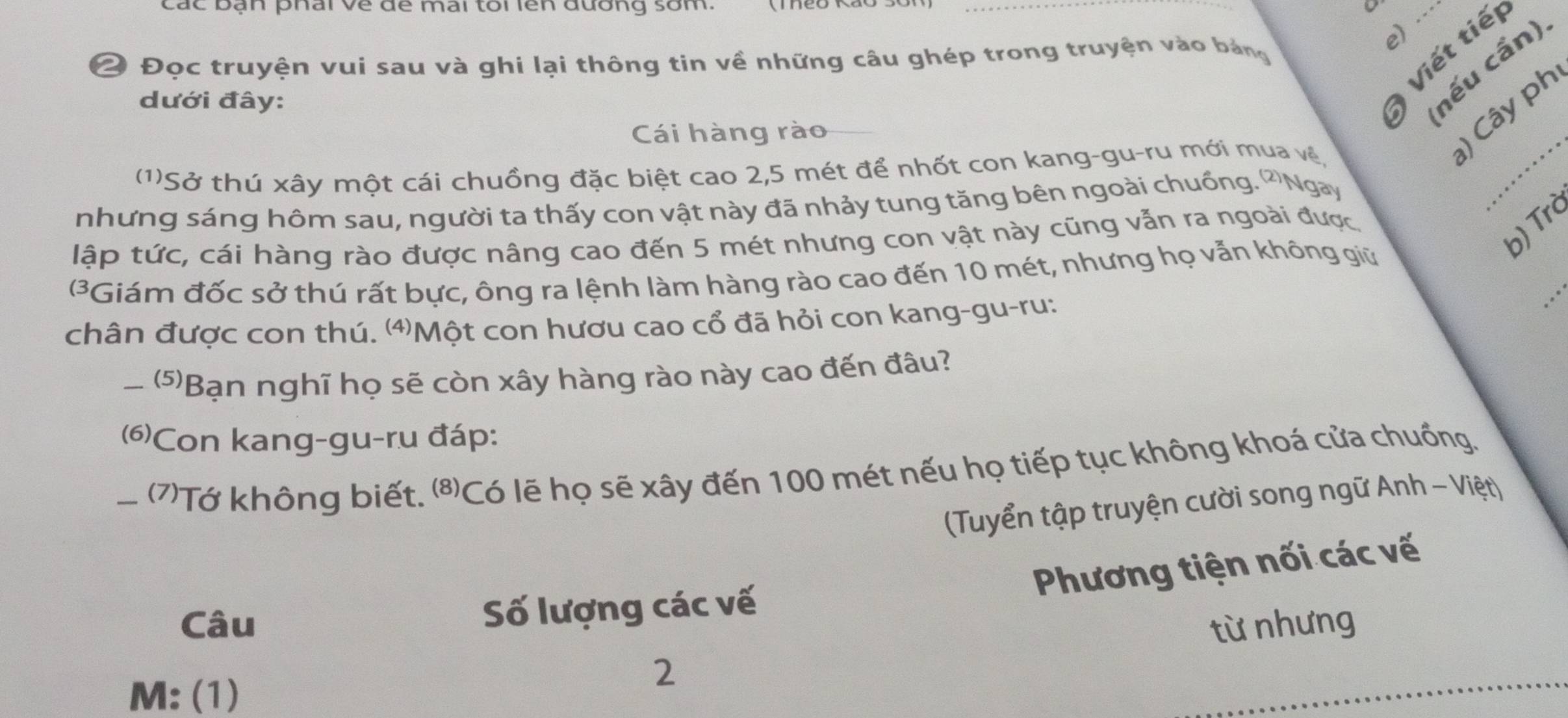 các bạn phái về để mai tôi lên đương sơm. _ 
e) ... 
Viết tiế 
Ô Đọc truyện vui sau và ghi lại thông tin về những câu ghép trong truyện vào bảng 
dưới đây: 
nếu cần) 
Cái hàng rào 
(1)Sở thú xây một cái chuồng đặc biệt cao 2,5 mét để nhốt con kang-gu-ru mới mua về, 
_ 
) Cây ph 
nhưng sáng hôm sau, người ta thấy con vật này đã nhảy tung tăng bên ngoài chuồng. "Ngay 
tập tức, cái hàng rào được nâng cao đến 5 mét nhưng con vật này cũng vẫn ra ngoài được 
b) Trò 
(3Giám đốc sở thú rất bực, ông ra lệnh làm hàng rào cao đến 10 mét, nhưng họ vẫn không giữ 
chân được con thú. ⑷Một con hươu cao cổ đã hỏi con kang-gu-ru: 
(5Bạn nghĩ họ sẽ còn xây hàng rào này cao đến đâu? 
⑹)Con kang-gu-ru đáp: 
— ⑺Tớ không biết. ⑻Có lẽ họ sẽ xây đến 100 mét nếu họ tiếp tục không khoá cửa chuồng, 
(Tuyển tập truyện cười song ngữ Anh - Việt) 
Phương tiện nối các vế 
Câu Số lượng các vế 
từ nhưng 
2 
M: (1)