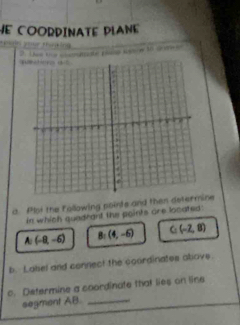 HE COORDINATE PLANE 
H puel y ta ing 

a. Plot the following points and then deterne 
in which quadrant the points are located :
A:(-8,-6) B:(4,-6) (-2,8)
b. Labsel and connect the coordinates above. 
c. Determine a coordinate that lies on line 
segment AB._