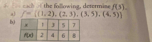 Fo each of the following, determine f(3).
a) f= (1,2),(2,3),(3,5),(4,5)
b