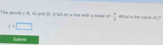 The points (-8,4) and (0,j) fall on a line with a slope of - 9/8  What is the value of f?
j=□
Submie