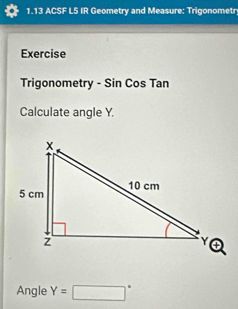 1.13 ACSF L5 IR Geometry and Measure: Trigonometry 
Exercise 
Trigonometry - Sin Cos Tan
Calculate angle Y. 
Angle Y=□°