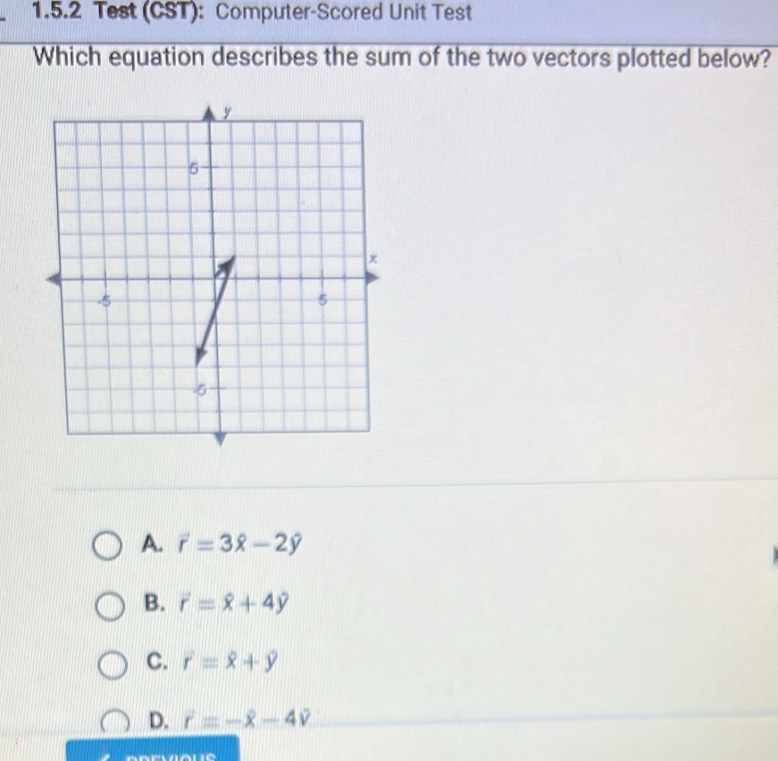 Test (CST): Computer-Scored Unit Test
Which equation describes the sum of the two vectors plotted below?
A. vector r=3hat x-2hat y
B. r'=widehat x+4hat y
C. vector r=widehat x+widehat y
D. i=-overline x-4overline v