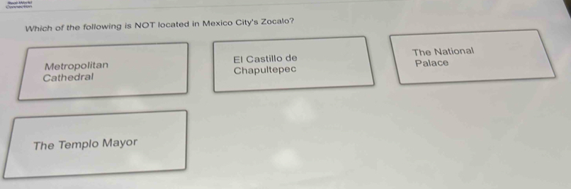 Which of the following is NOT located in Mexico City's Zocalo?
Metropolitan El Castillo de The National
Cathedral Chapultepec Palace
The Templo Mayor