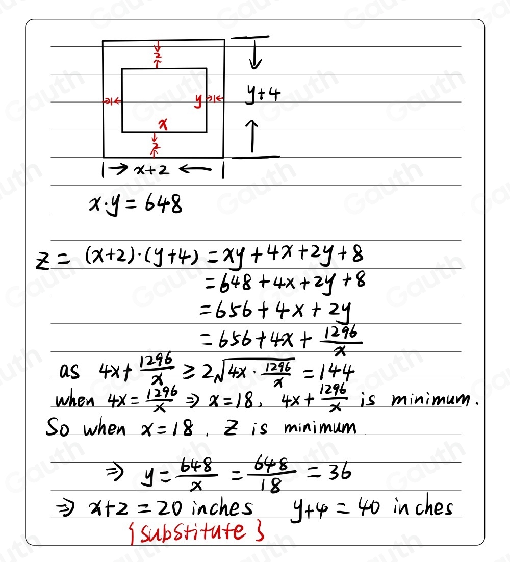 Solved: A rectangular poster is to contain 648 square inches of print ...
